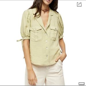 Free People Green Button Up Puff Sleeve Blouse Size Large